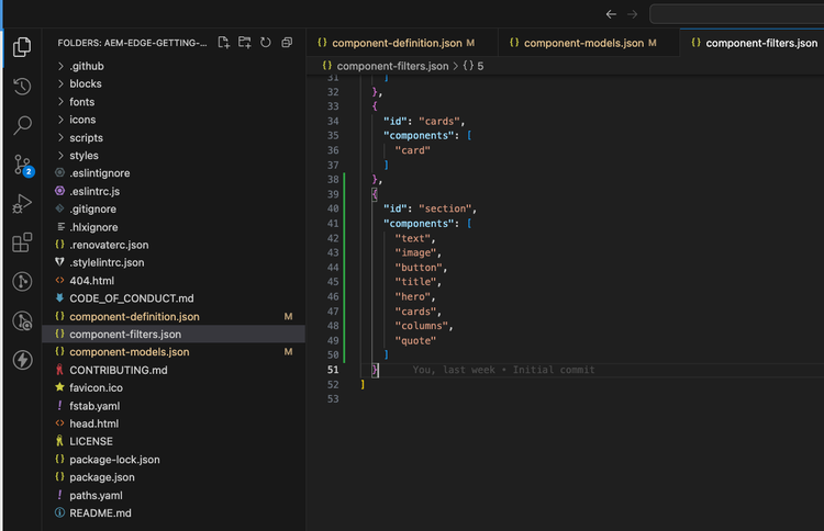 Edición del archivo component-filters.json para definir los filtros del bloque de comillas