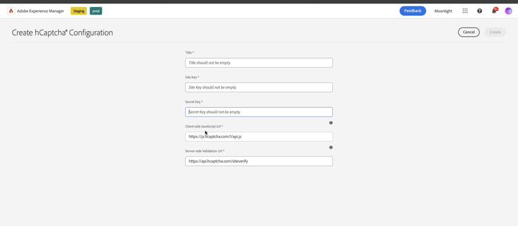 Configure el Cloud Service para conectar su entorno de AEM Forms con hCaptcha®