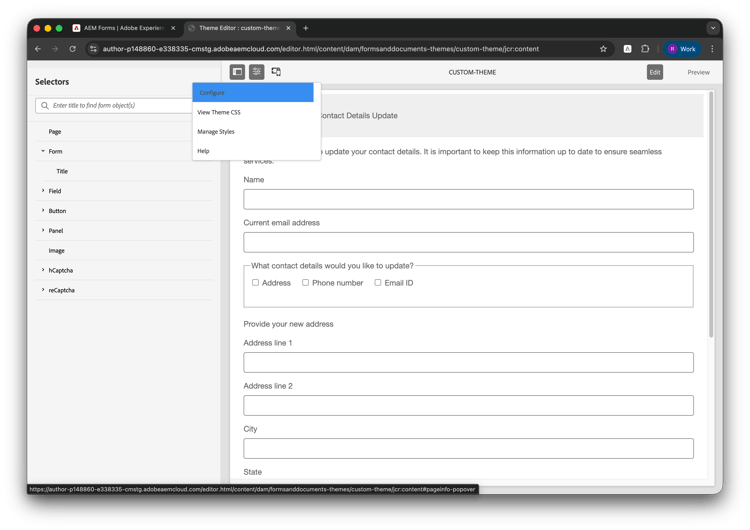 Menú desplegable Opciones de la temática que muestra las opciones Configurar, Ver temática CSS, Administrar estilos y Ayuda