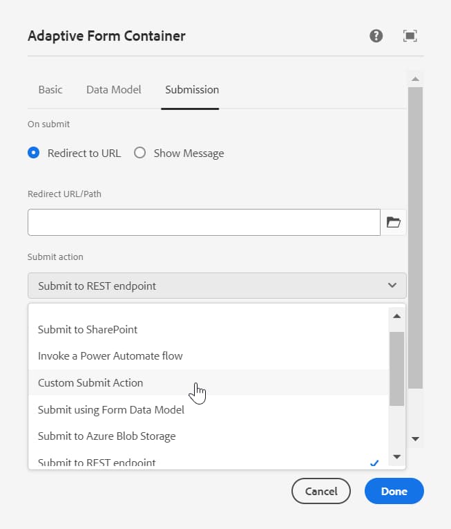 Lista desplegable Acción de envío personalizada