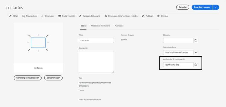 Seleccionar el contenedor de configuración