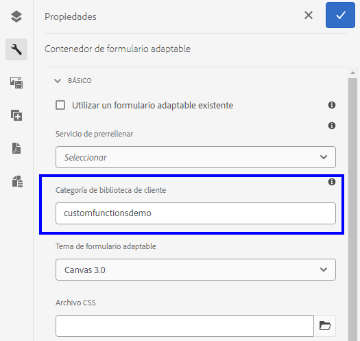 Añadir el nombre de la biblioteca de cliente en la configuración del contenedor del formulario adaptable