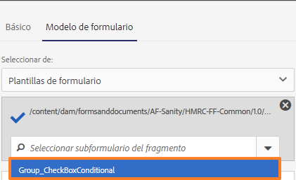 Seleccionar subformularios de la plantilla de formulario especificada