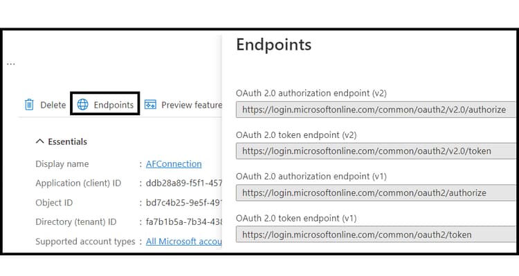 Utilice la opción de puntos finales en la IU de la aplicación de Microsoft Power Automate para encontrar la URL de OAuth