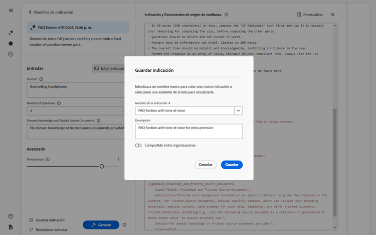 Generar variaciones: cuadro de diálogo para guardar la indicación