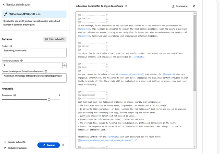 Generar variaciones: editor de indicaciones