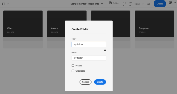 Cuadro de diálogo Crear carpeta