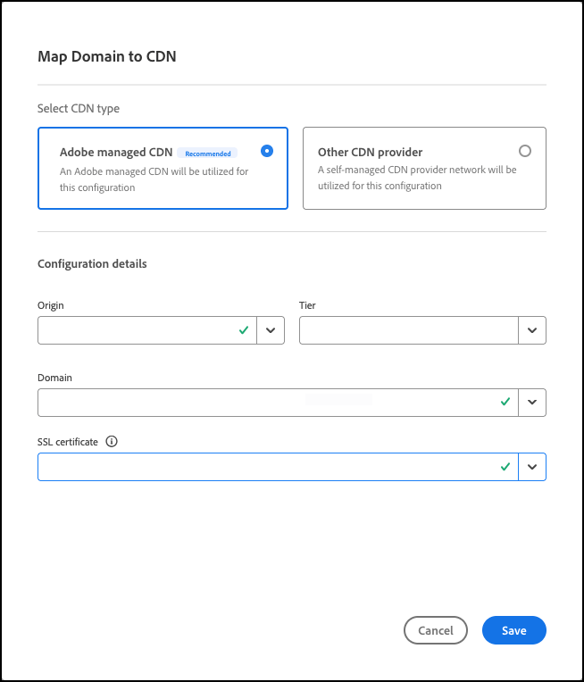 Asignar dominio a CDN (cuadro de diálogo) con el botón de opción CDN administrado por Adobe seleccionado