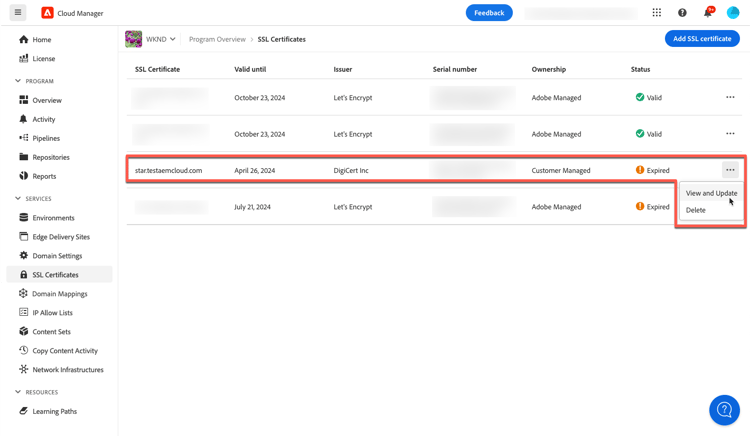 Actualizar una certificación SSL administrada por el cliente caducada