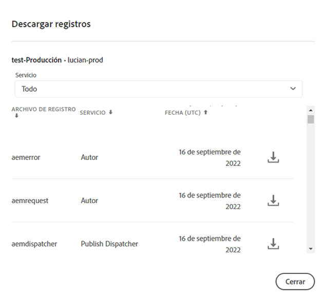 Cuadro de diálogo Descargar registros