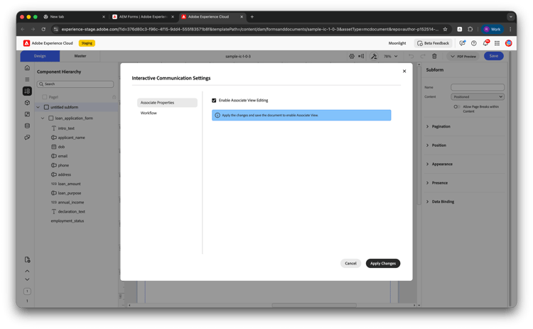 Configuración de comunicación interactiva - Asociar propiedades con habilitar la edición de vista asociada