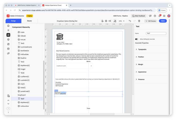 Seleccionar componente de texto con variables enlazadas y no enlazadas