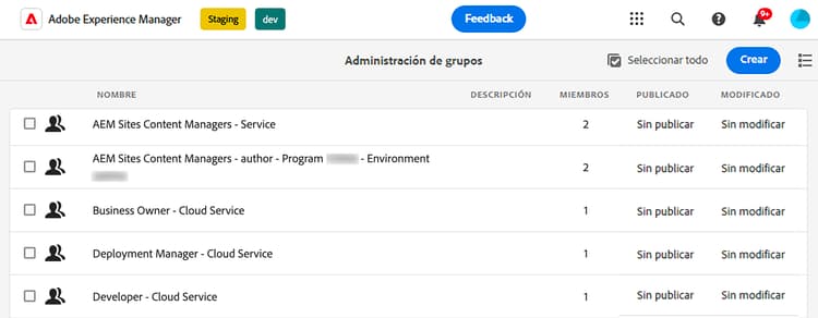 Asignación de grupo a servicio de AEM