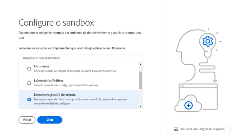 Selección del complemento para la demostración de referencia en la configuración del programa