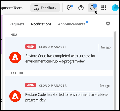 Restaurar notificaciones de código anteriores al iniciar la restauración y al finalizar la restauración