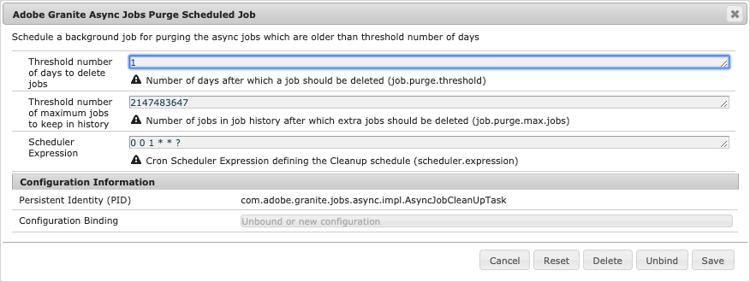 Configuración para programar la depuración de trabajos asincrónicos