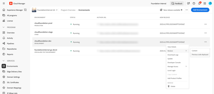 Restaurar el código anterior implementado desde el menú de puntos suspensivos