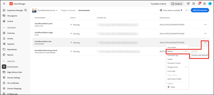 Restaurar el código anterior implementado desde el menú de puntos suspensivos