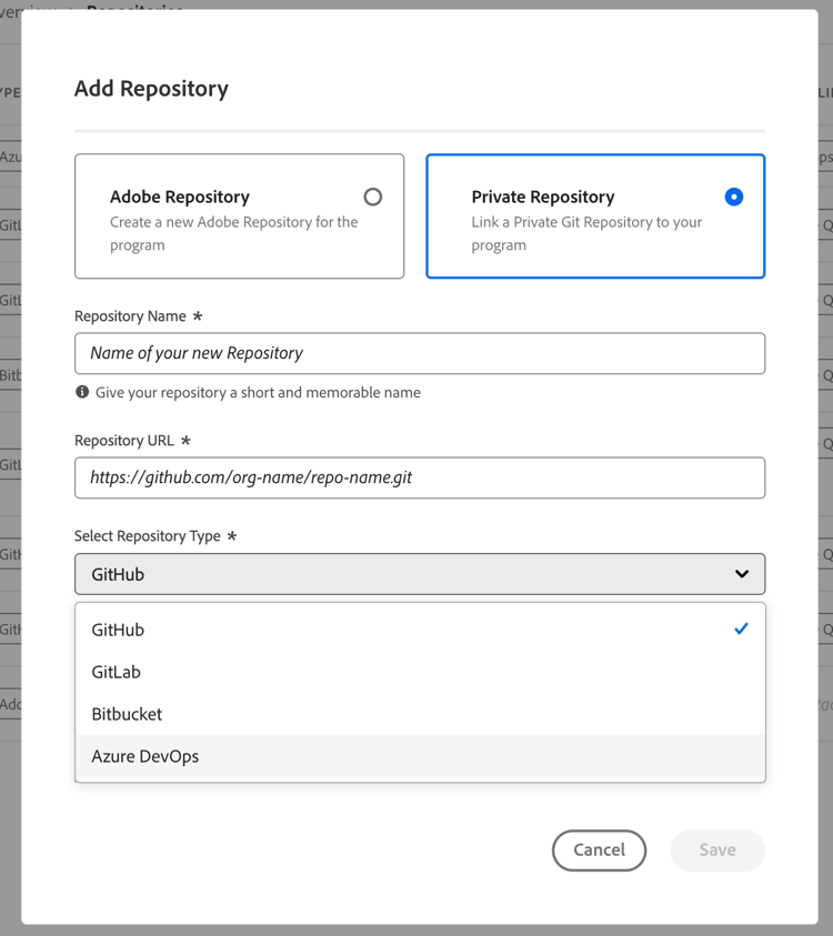 Cuadro de diálogo Añadir repositorio