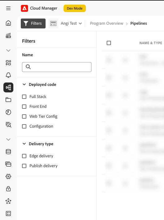 Panel de filtro que muestra el nuevo tipo de envío de Edge y el envío de publicación