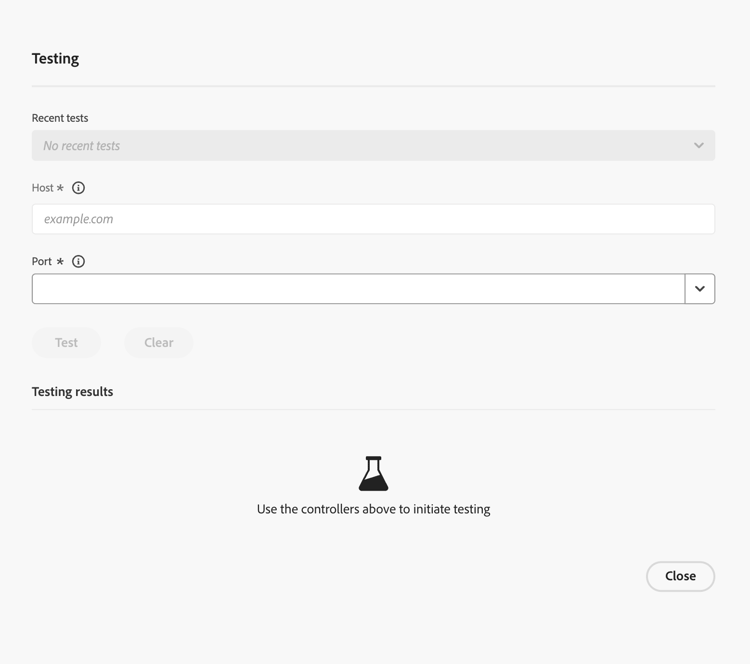 Cuadro de diálogo de prueba de conectividad de red de Cloud Manager con los campos Host y Puerto, Acción de prueba y resultados para la resolución de DNS, apertura de puerto, conectividad HTTP y accesibilidad