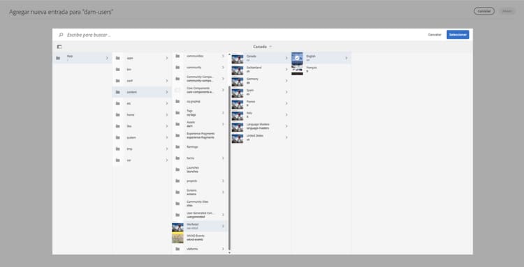 Ejemplo de configuración para dam-users