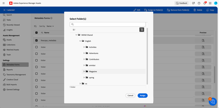 Vista de Assets: asigne el formulario de metadatos a una carpeta