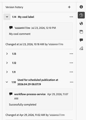 Editor de fragmentos de contenido: información general del historial de versiones
