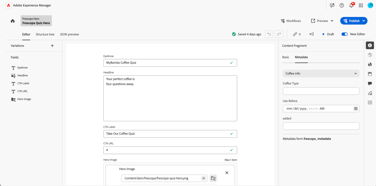 Editor de fragmentos de contenido: metadatos