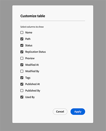 Consola Fragmentos de contenido: configuración de columna