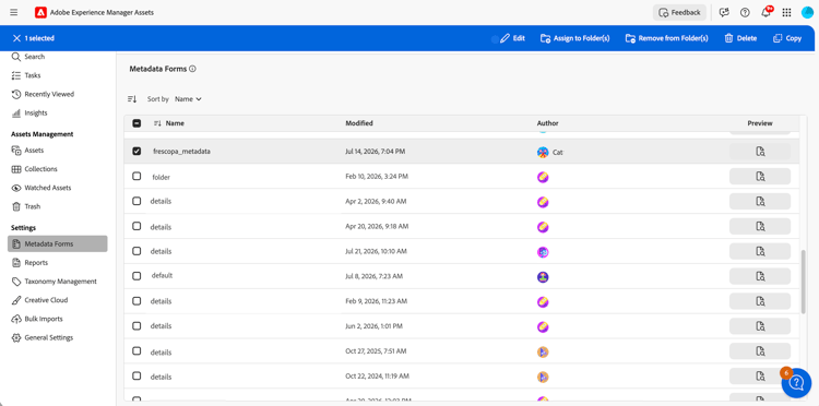 Vista de Assets: seleccione el formulario de metadatos