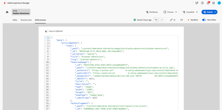 Editor de fragmentos de contenido: vista previa JSON