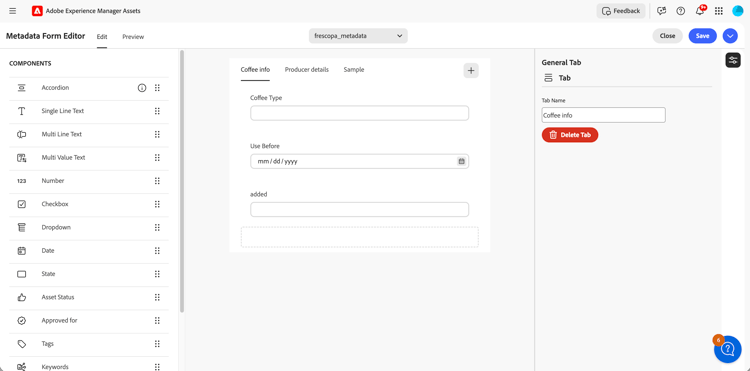 Vista de Assets: edite el formulario de metadatos