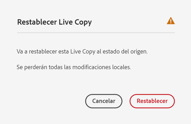 Confirmar restablecimiento de Live Copy