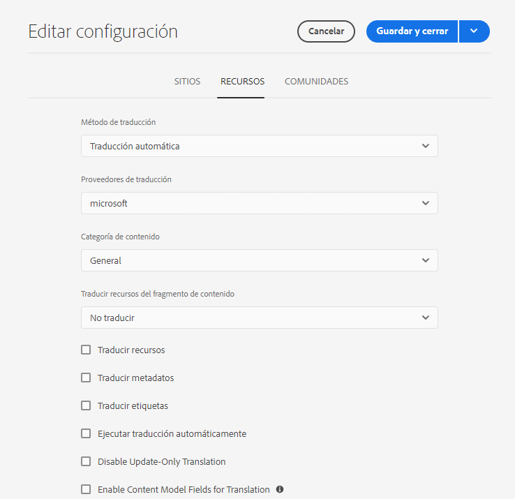 Configuración de traducción para Sites