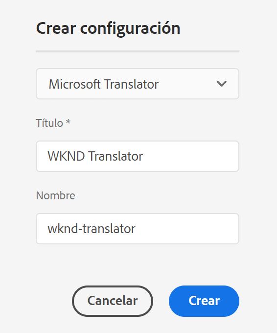 Creación de configuración de traducción