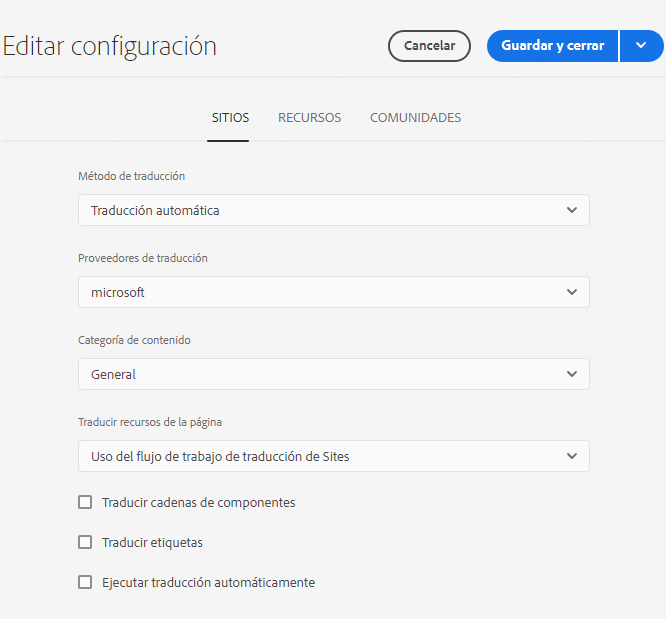 Configuración de traducción para Sites