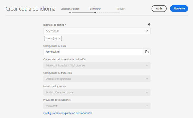 Configuración del paso del asistente