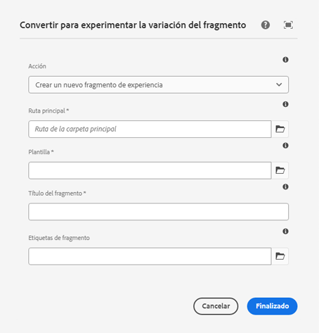 Convertir en cuadro de diálogo de Variación de Fragmento de experiencia