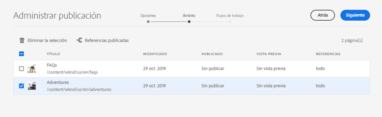 Administrar páginas de selección de publicación