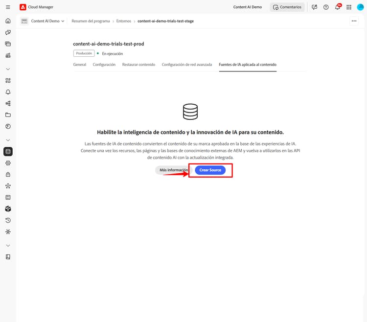 Pestaña Configuración de la inteligencia artificial aplicada al contenido que muestra el botón Crear fuente