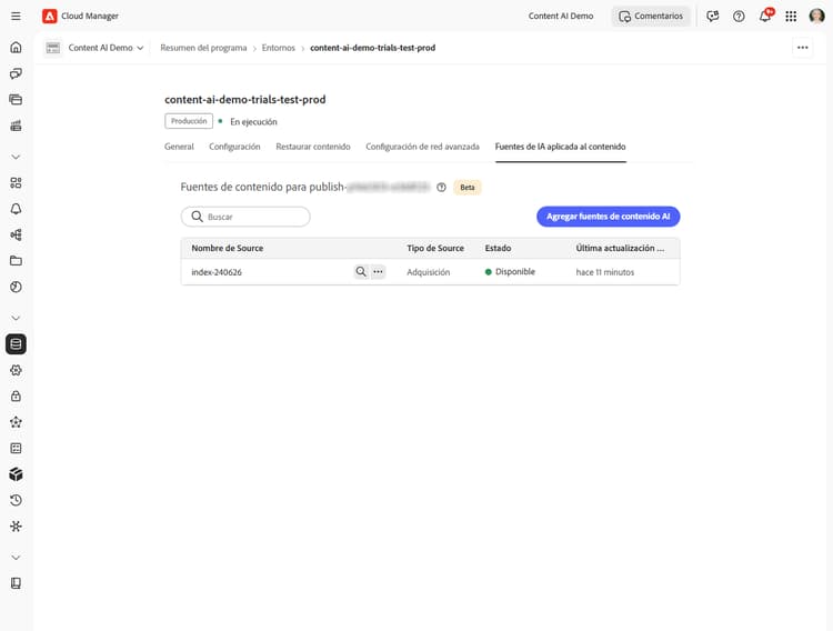 Lista de fuentes de contenido que muestra el estado Disponible