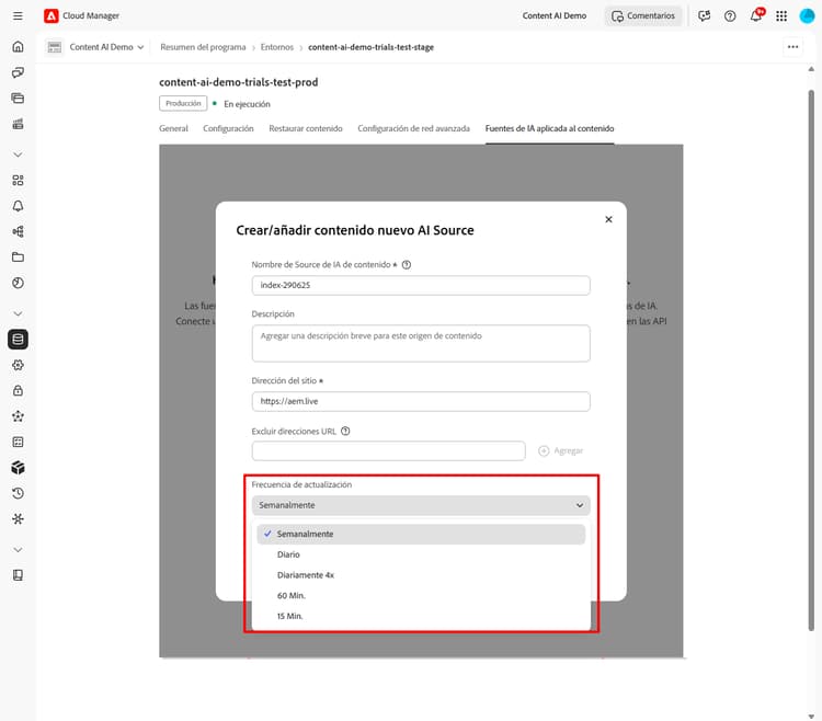 Menú desplegable de frecuencia de actualización que muestra las opciones disponibles