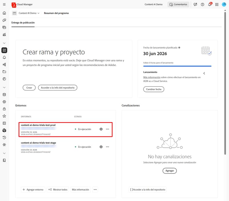 Información general sobre el programa con un entorno de producción resaltado