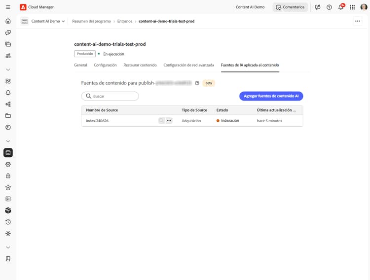 Lista de fuentes de contenido que muestra el estado Indexación