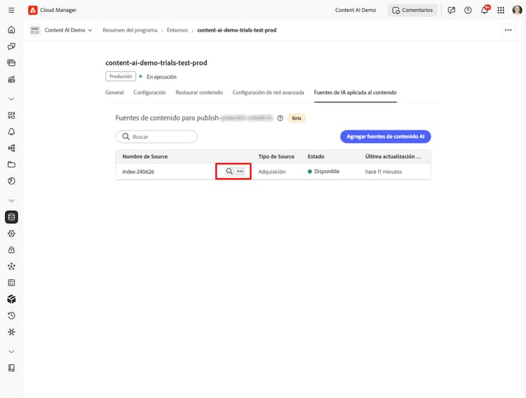 Lista de fuentes de contenido con el icono de búsqueda resaltado en una fuente disponible