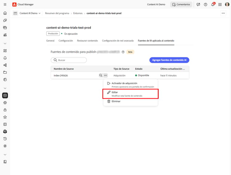 Lista de fuentes de contenido con el menú de más acciones abierto y Editar resaltado