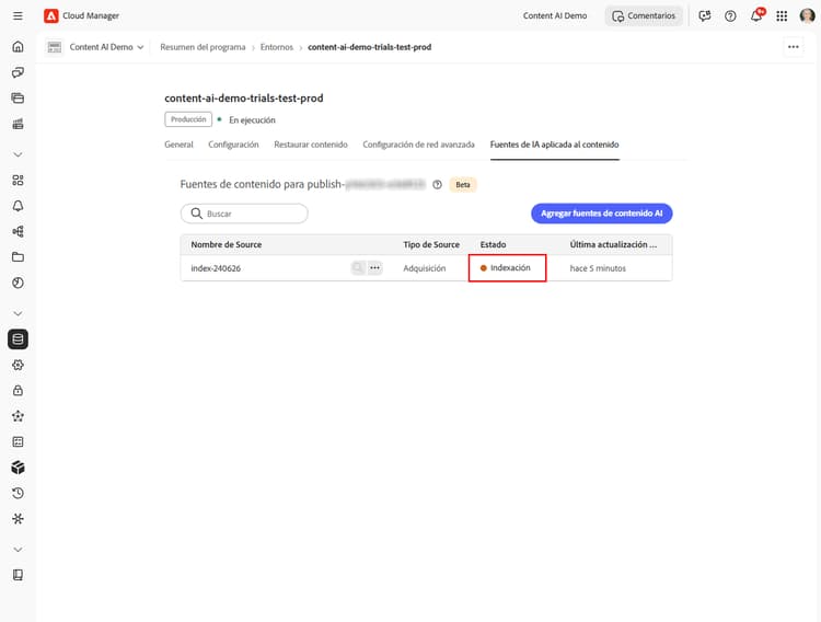Lista de fuentes de contenido en la que se muestra el estado Indexación