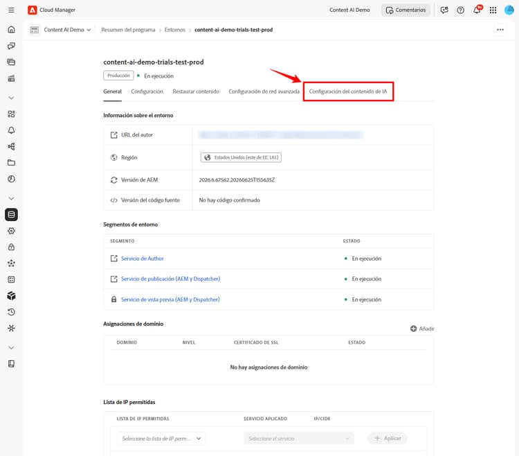 Página de detalles del entorno con la pestaña Configuración de la inteligencia artificial aplicada al contenido resaltada