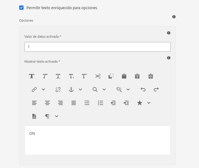 Compatibilidad del texto enriquecido con las opciones